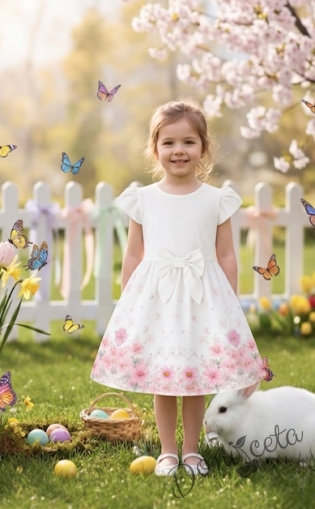 Детска ежедневна рокля в екрю и нежно лилав цвят с флорални мотиви