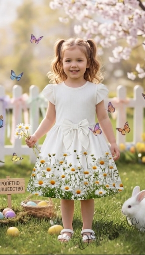 Детска ежедневна рокля в екрю и нежен светлосин цвят с флорални мотиви