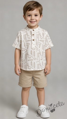 Комплект за момче от ризка в бяло с орнаменти и бежови къси панталони