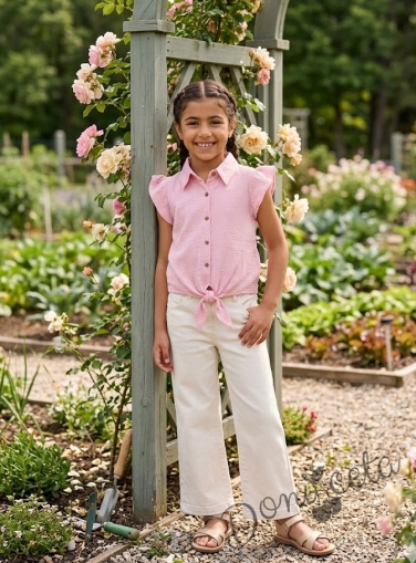 Комплект за момиче от две части розова риза с нежна бродерия и бежов панталон