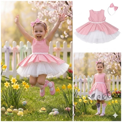 Комплект от 2 части- детска памучна рокля Надежда в тюркоаз на точки с тюл, диадема за коса в синьо