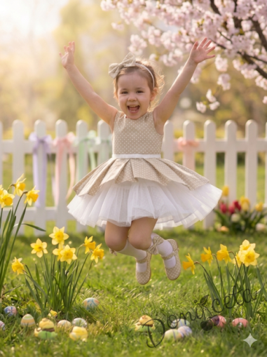 Детска памучна рокля Надежда в бежово на точки с тюл в бяло