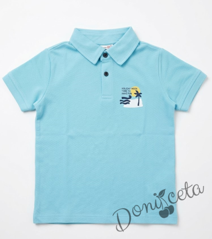 Детска блуза  за момче с къс ръкав и яка в светлосиньо с щампа
