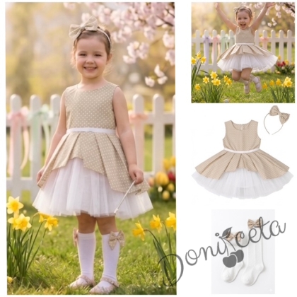 Комплект от 3 части- детска памучна рокля Надежда в бежово на точки с тюл, диадема за коса в синьо и чорапки в бяло с панделки