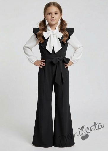 Комплект от елегантен детски дълъг гащеризон за момиче в черно с къдрички с блуза с панделка