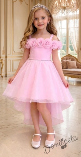 Официална детска рокля Вяра с деколте декорирано с обемни 3D рози в розово