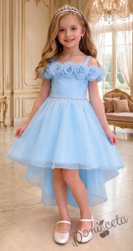 Официална детска рокля Вяра с деколте декорирано с обемни 3D рози в светлосиньо
