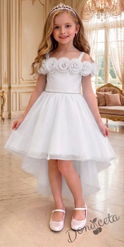 Официална детска рокля Вяра с деколте декорирано с обемни 3D рози в бяло