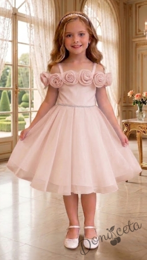 Къса официална детска рокля Вяра с деколте декорирано с обемни 3D рози в пепел от рози