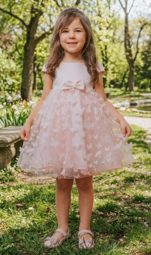 Ефирна детска рокля с 3D пеперуди в розово 
