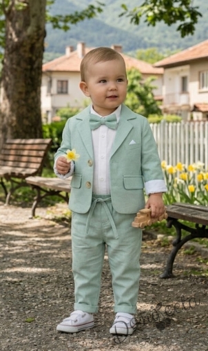 Бебешки комплект от 4 части за момче-сако в цвят мента, риза в бяло и панталон в мента с папийонка