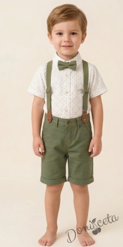 Комплект за момче от 4 части - риза в бяло с зелени орнаменти с къс ръкав, къси панталони, папийонка и тиранти  в зелено