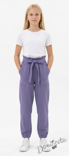 Детски панталон за момиче в лилаво с висока талия и колан