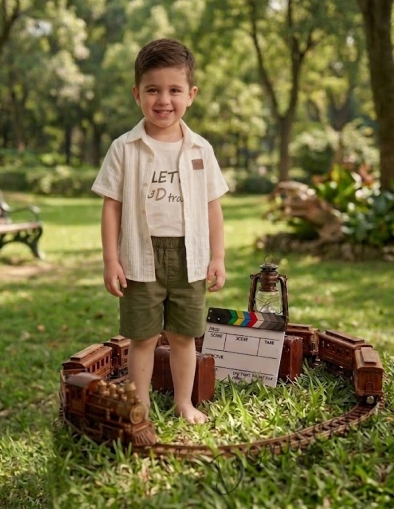 Летен комплект за момче от 3 части - риза в бяло с копчета , тениска с надпис и къси панталони в масленозелен цвят