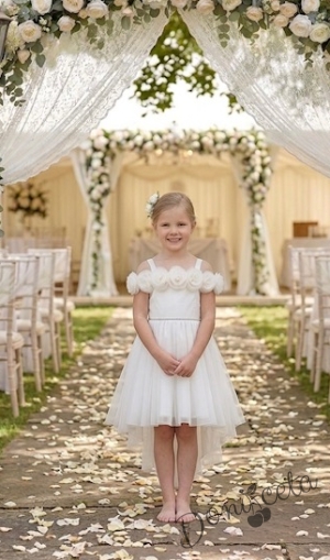 Официална детска рокля Вяра с деколте декорирано с обемни 3D рози в бяло и шлейф