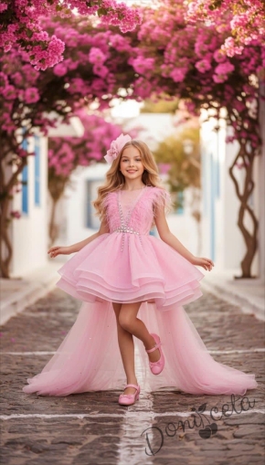 Официална детска рокля Валери в розово и шлейф