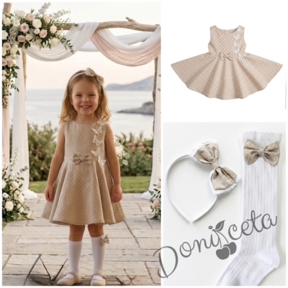 Комплект от 3 части-детска рокля клош в бежово на бели точки Вилина с бели 3D пеперудки, диадема и чорапки 