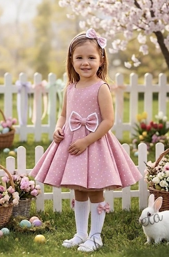 Официална или ежедневна детска/бебешка рокля в розово на бели точки тип клош  Вилина