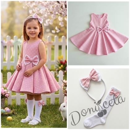 Комплект от 3 части-детска рокля в розово на бели точици Вилина, диадема и чорапки от колекция 