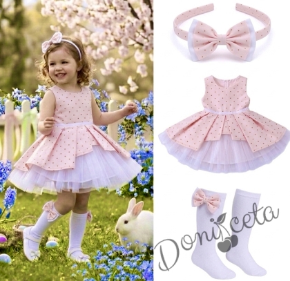 Комплект от 3 части- детска памучна рокля Надежда в бледо прасквоено на точки с тюл, диадема за коса и чорапки в бяло с панделки