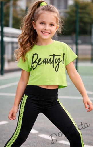 Детски летен комплект от 3 части с потник , блузка с къс ръкав в зелено/неон и клин в черно