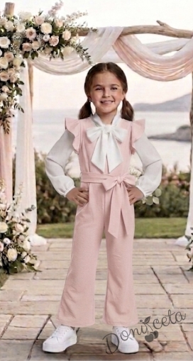 Комплект от елегантен детски дълъг гащеризон за момиче в розово с къдрички с блуза с панделка