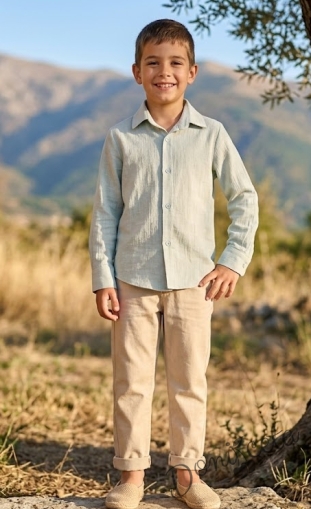 Детска риза с дълъг ръкав с яка за момче в тюркоаз