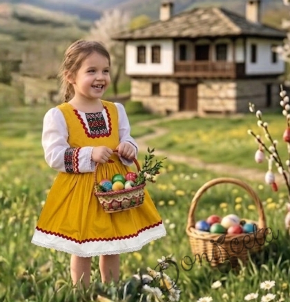 Детска рокля с дълъг ръкав в жълто с фолклорни/етно мотиви тип народна носия 45608