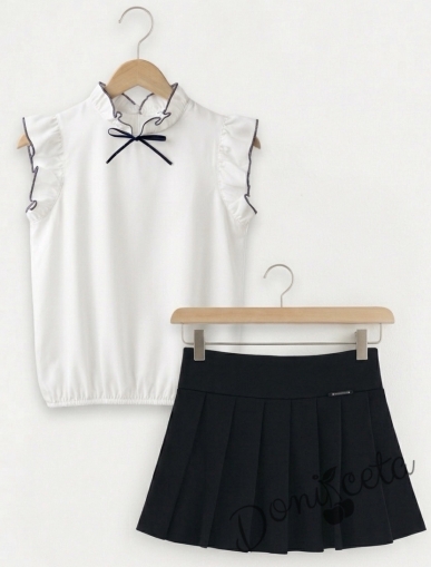 Комплект за момиче от 2 части-пола Гери в черно от трико и блузка с къс ръкав с къдрички в бяло Contrast и чорапи с панделка