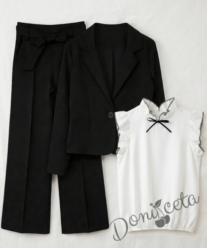 Комплект за момиче от 3 части - сако Ким, панталон с висока талия и коланче в черно и блуза с къс ръкав с панделка и къдрички в черно Contrast