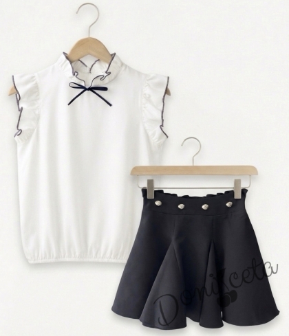 Комплект от 2 части - детска пола за момиче в черно с ластик и копчета и блузка в бяло с къс ръкав и къдрички Contrast 