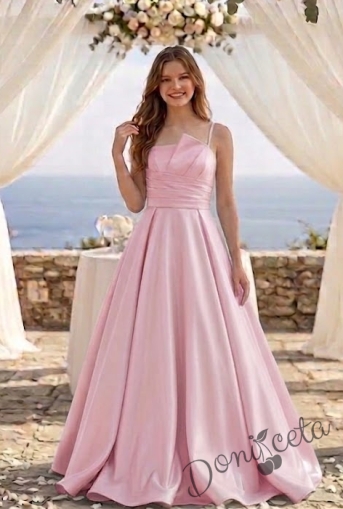 Дълга официална детска рокля Лара с асиметрично деколте в розово