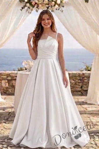 Дълга официална детска рокля Лара с асиметрично деколте в бяло