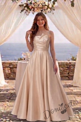 Дълга официална детска рокля Лара с асиметрично деколте в златисто