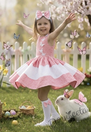 Детска официална памучна рокля в розово на бели точки Далента