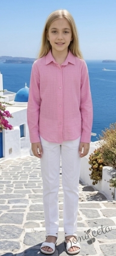 Детска риза с дълъг ръкав с яка за момиче в розово 