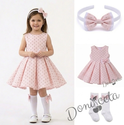 Комплект от 3 части-детска рокля в розово на кафяви точици Вилина, диадема и чорапки 