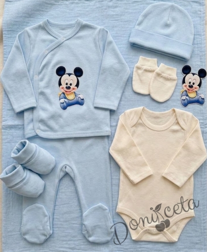 Комплект за изписване на момче от 7 части с Мики Маус - блуза тип ,,прегърни ме", ританки, боди, пелена, шапка, ръкавички и буйки