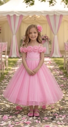 Дълга официална детска рокля Вяра с деколте декорирано с обемни 3D рози в розово 
