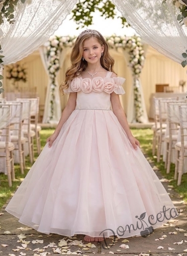 Дълга официална детска рокля Вяра с деколте декорирано с обемни 3D рози в пепел от рози