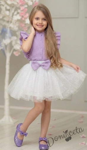 Комплект за момиче от 2 части - карирана риза с къс ръкав и туту пола в бяло