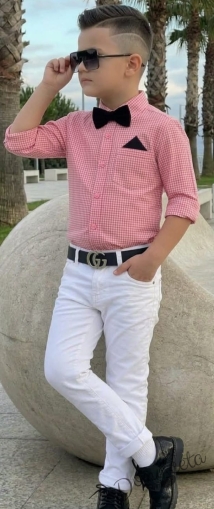 Детски комплект за момче от 3 части - риза  на ситно бяло и розово каре с дълъг ръкав, папийонка и бял панталон