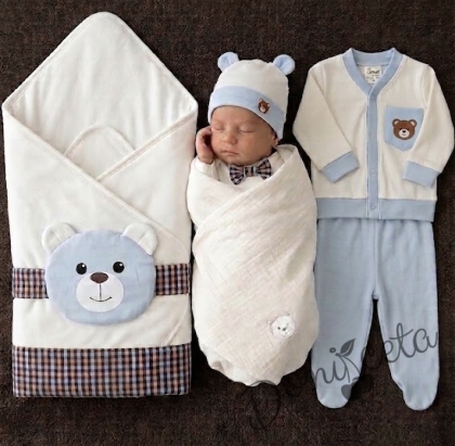 Луксозен бебешки комплект за изписване за момче в синьо и бяло с мече