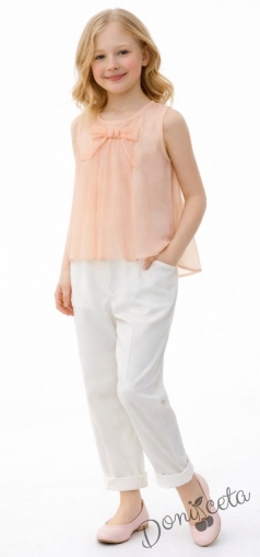 Детска блуза без ръкав в цвят пудра с панделка за момиче Вая