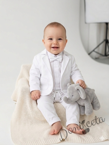 Официален бебешки костюм за момче от 4 части - сако в бяло, риза в бяло, панталон и папийонка в бяло