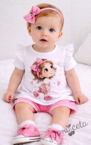 Блузка с къс ръкав за бебе момиче в бяло с апликация 