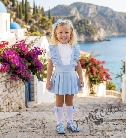 Комплект от сукман от трико с къдрички в светлосиньо Гери и блуза с къс ръкав с панделка и къдрички 