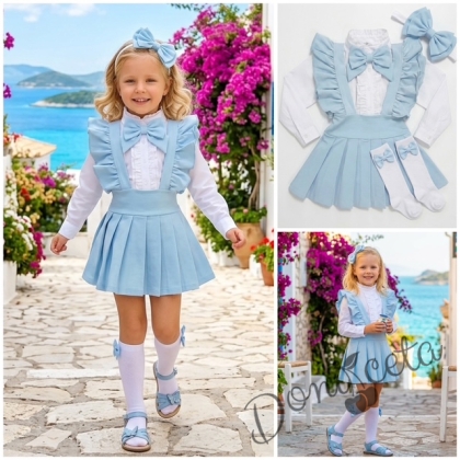 Комплект за момиче от 5 части- сукман Гери в светлосиньо с плисирана пола, риза в бяло с дълъг ръкав и къдрички с панделка, чорапки и диадема