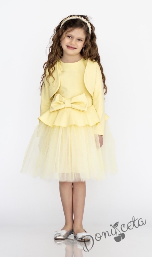 Комплект от детска рокля с къс ръкав с тюл и панделка в жълто и болеро Contrast