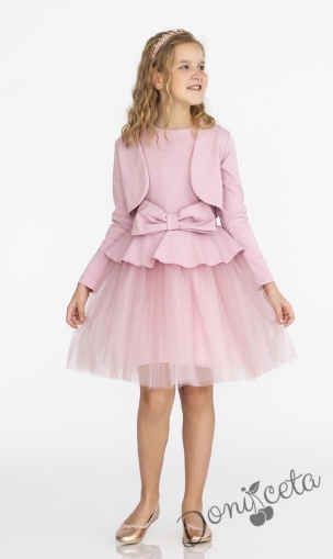 Комплект от детска рокля с къс ръкав с тюл и панделка в розово и болеро Contrast